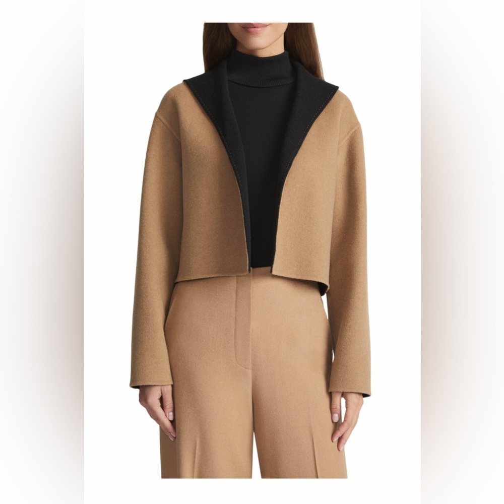$1298 NWT Lafayette 148 Medium Reversible Wool-Cashmere Cropped Jacket Camel